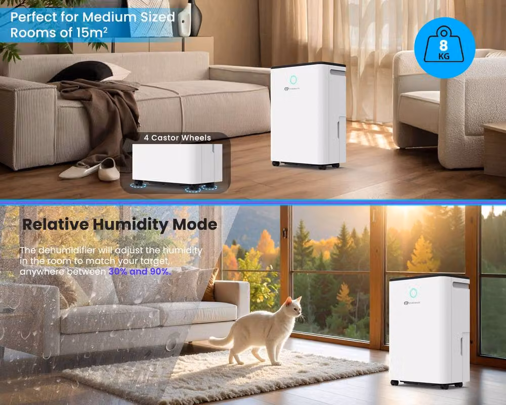 PureMate 12L/Day Dehumidifier with Automatic Humidity Sensor in White – 6