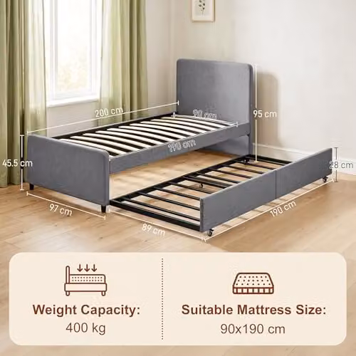 HOMCOM Upholstered Single Bed Frame with Trundle in Grey, W/D/H: 90 x 190 x 95 cm – 2