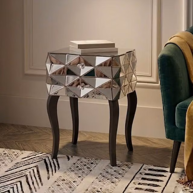 Orsina 2 Drawer Bedside Table in Silver with Cut Glass Handles and Mirror Top, W/D/H: 48 x 48 x 74 cm