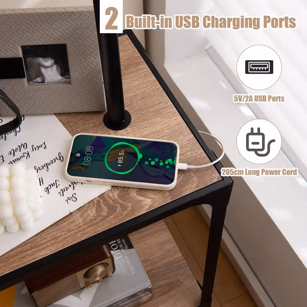 Costway Floor Lamp with Bedside Nightstand End Table and USB Charging Ports in Black – 3