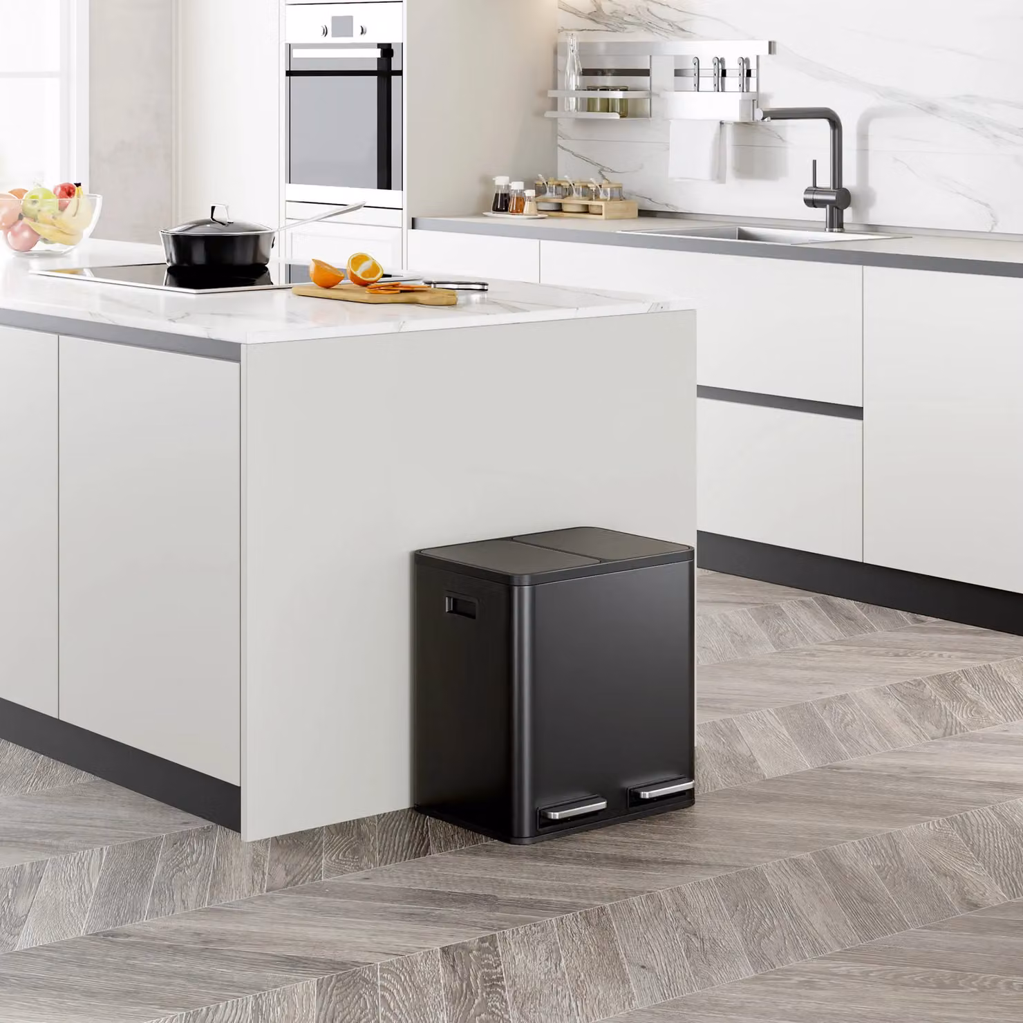 VonHaus 30L Kitchen Waste and Recycling Bin with 2 x 15L Compartments, Black Stainless Steel – 2
