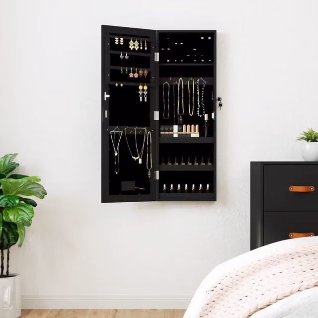 Berkfield Home Wall Mounted Mirror Jewellery Cabinet with LED Lights in Black