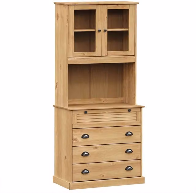 Berkfield Home VIGO Highboard in Brown Solid Pine Wood with Glass Doors, W/D/H: 80 x 40 x 176 cm – 1
