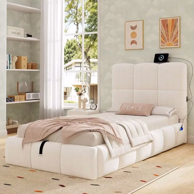 Merax Single Ottoman Bed in Beige Velvet with Tufted Headboard and USB Charging Port, W/D/H: 90 x 190 x 150 cm