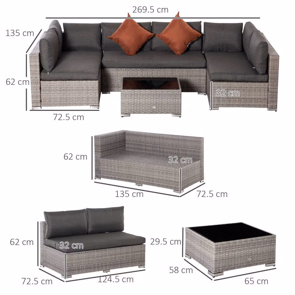 OUTSUNNY 4 Piece Grey Rattan Wicker Patio Sofa Set with Glass Table – 3