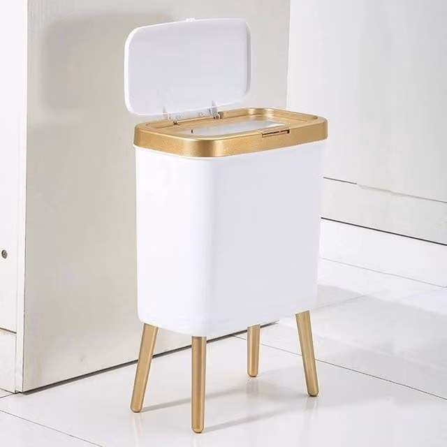 KORVIXA White and Gold Narrow Soft Close Plastic Trash Can