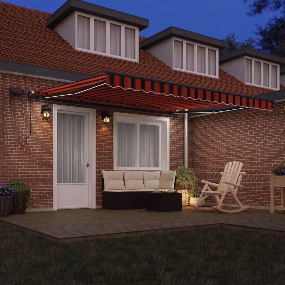 Berkfield Home Manual Retractable Wall-Mounted Awning with LED in Orange and Brown Striped Polyester, W: 400 cm, D: 350 cm – 3