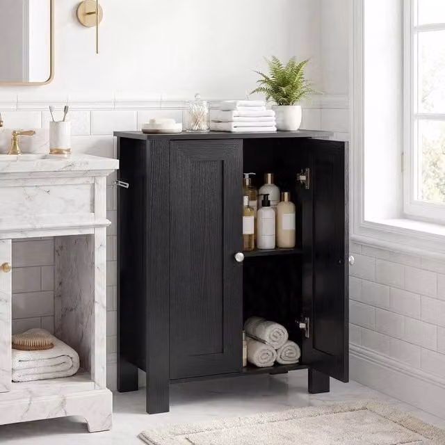 KORVIXA Freestanding Modern Storage Cabinet with Hinged Double Doors in Matt Black – 1