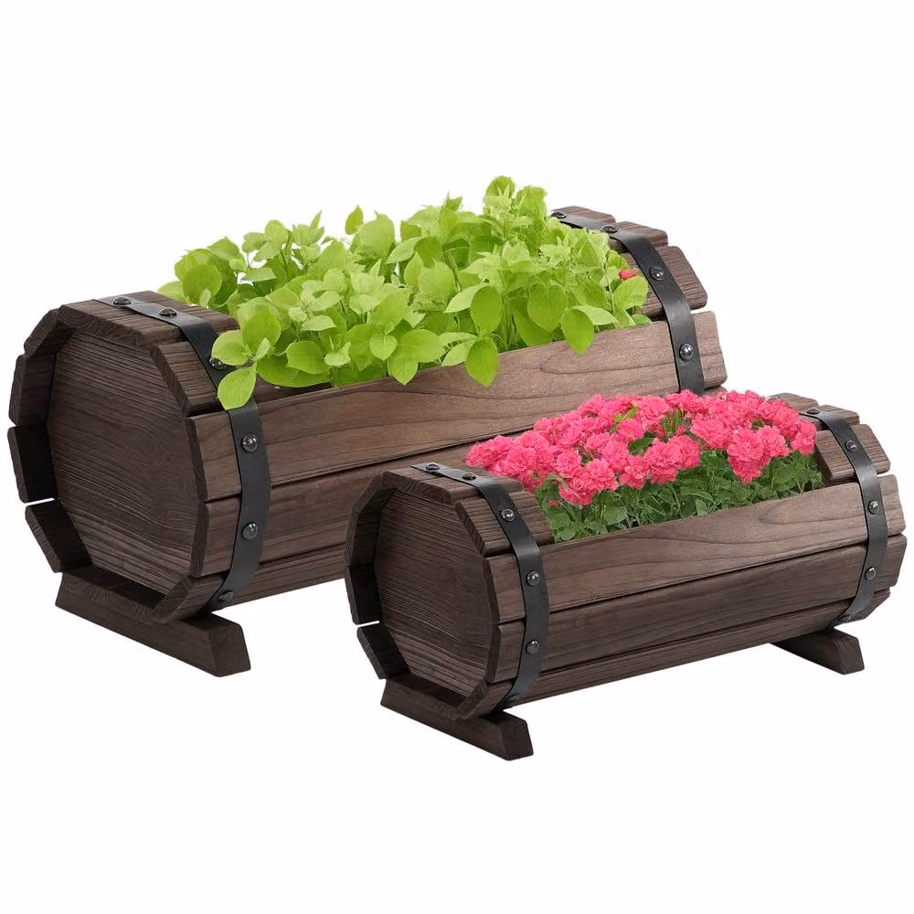 Outsunny Set of 2 Wooden Flower Planter Boxes, Brown – 2