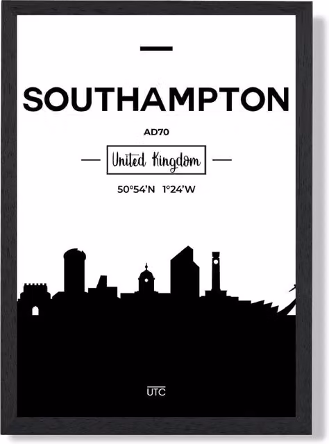 ARTZE Southampton Black and White City Skyline Framed Paper Poster in Black Frame, A4 – 1
