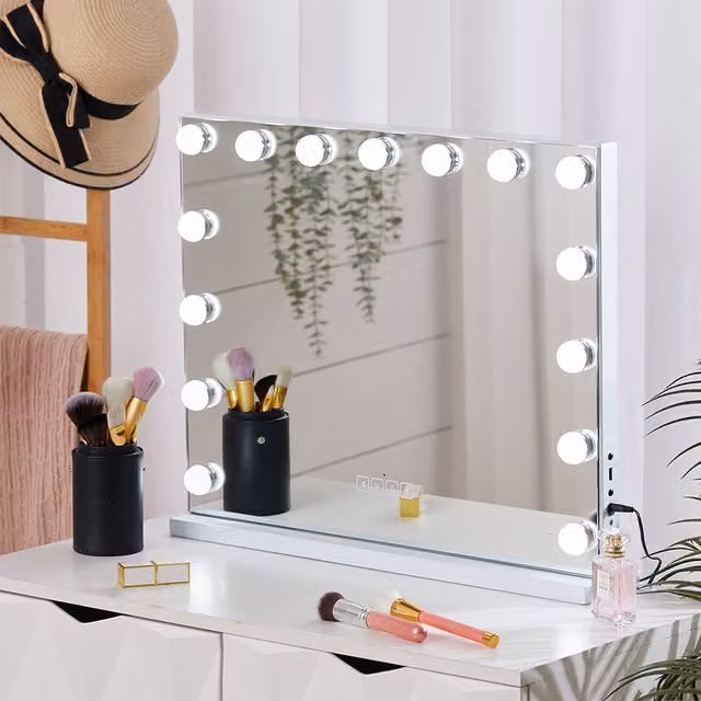 Livingandhome Hollywood Vanity Make Up Cosmetic Mirror with 15 LED Bulbs and Bluetooth, Silver