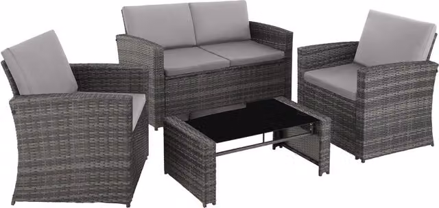 tectake Jesolo Garden Furniture Set in Grey Polyrattan with Glass Table for 4 Adults – 1
