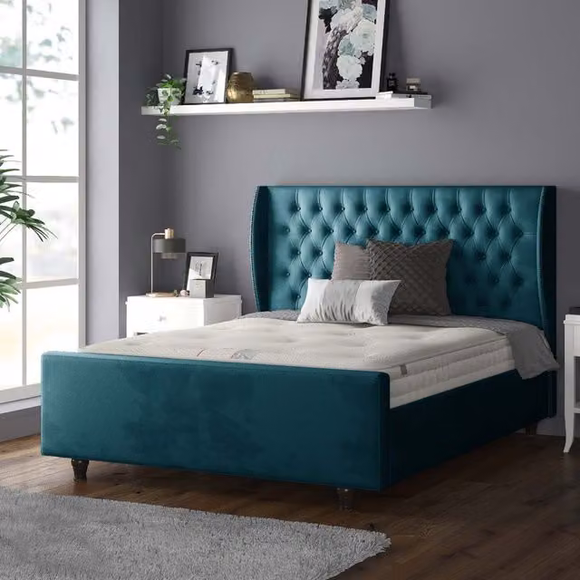 IH Design Aurora Chesterfield Wing Plush Velvet Bed Frame in Petrol Blue Single