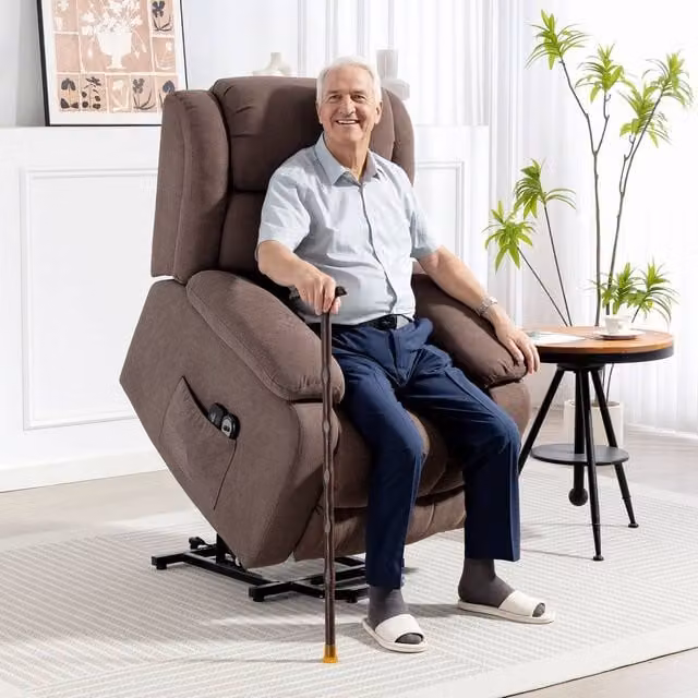 HOMCOM Power Lift Recliner Armchair with Massage and Remote Control in Brown Fabric – 1