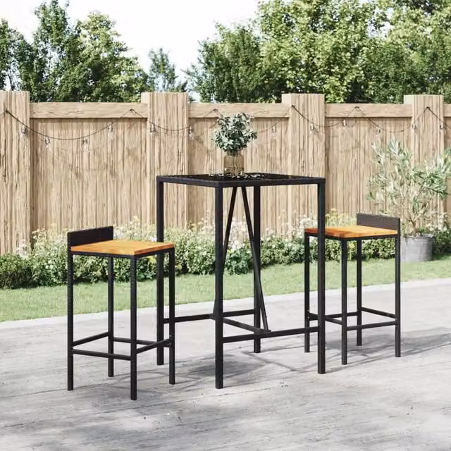 Berkfield Home 3 Piece Modern Garden Bar Set in Black Poly Rattan and Solid Acacia Wood