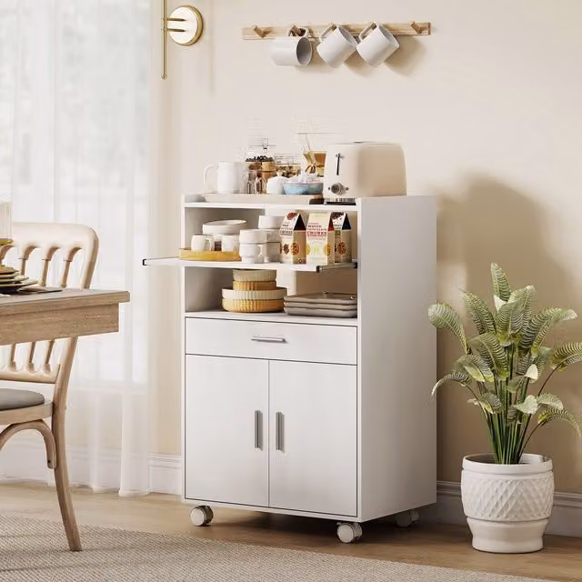 HOMCOM Modern Mobile Kitchen Trolley and Microwave Stand in White