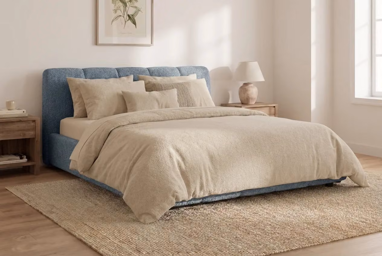 Araco Atelier Nocta Upholstered Bed Spindle in Beige or Blue Fabric