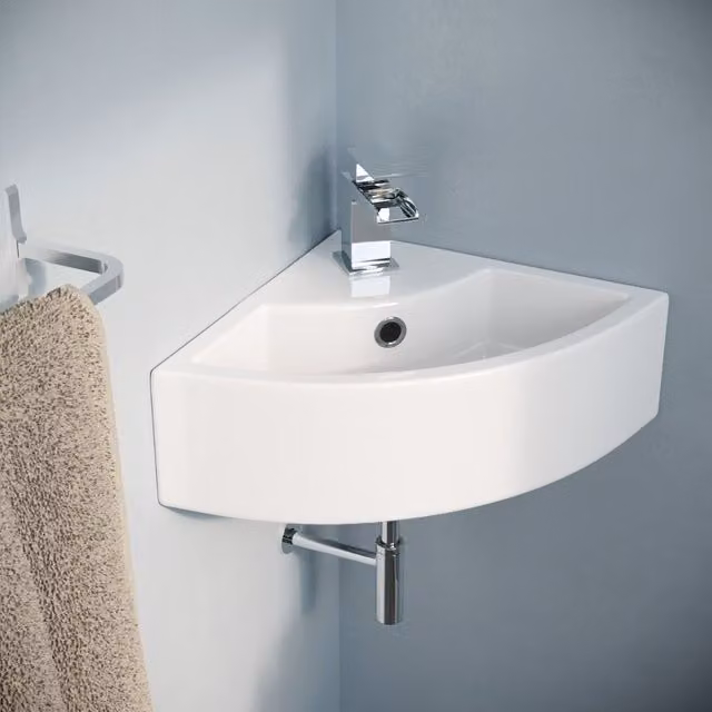 Nes Home White Quarter Circle Corner Cloakroom Basin with Waterfall Mixer Tap and Waste, W: 46.5 cm, D: 32.5 cm