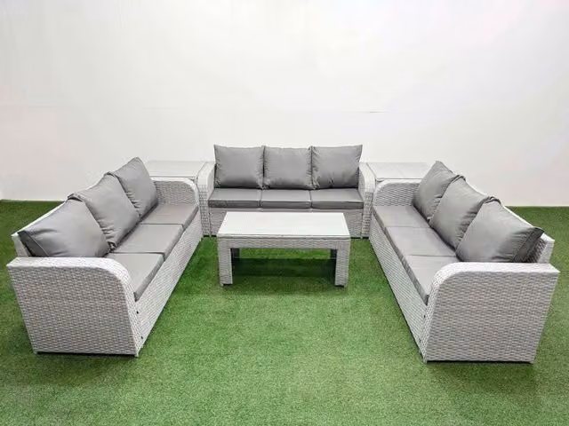 Fimous 9 Seater PE Rattan Outdoor Garden Furniture Set in Light Grey with 3 Seater Sofa, Oblong Coffee Table and 2 Side Tables