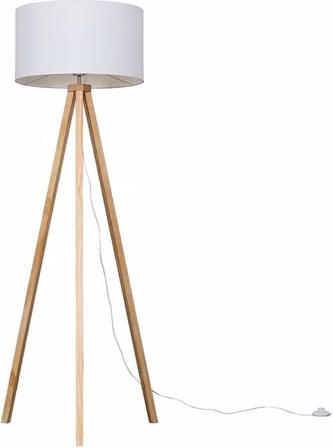 ValueLights Barbro Tripod Floor Lamp in Wood with White Fabric Drum Shade and LED Bulb, Height: 130 cm