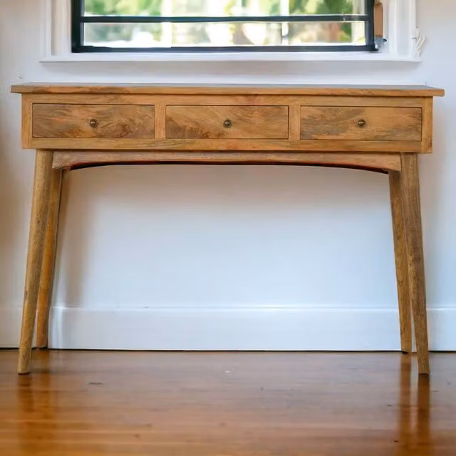 STILVORA Modern Mango Wood 3 Drawer Console Table in Brown