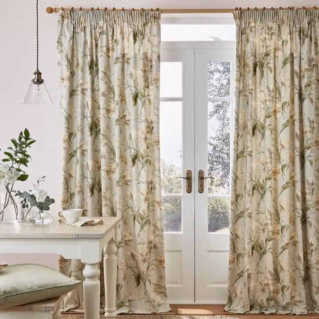 Laura Ashley Gosford Floral Ready Made Opaque Cotton Curtains in Sage Green and Beige with Pencil Pleat Tape