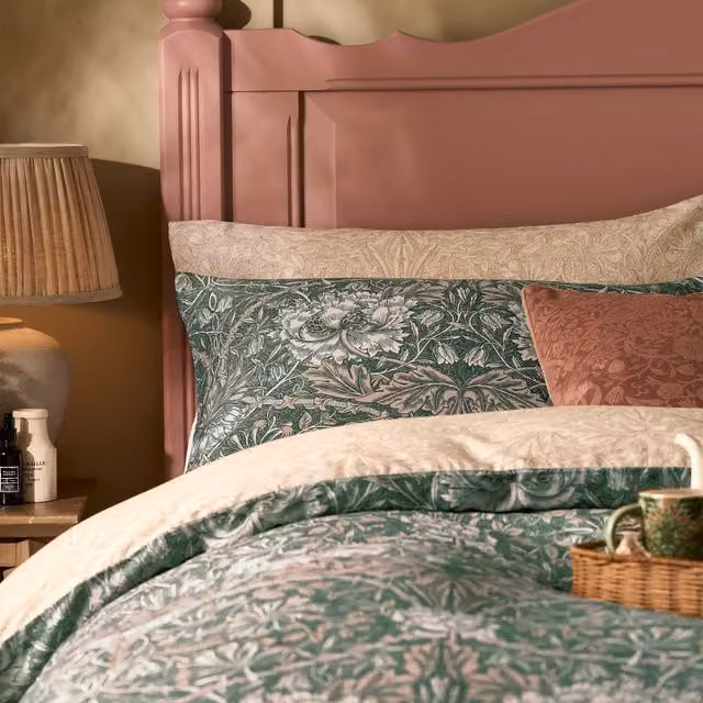 William Morris At Home Honeysuckle And Tulip Reversible Mako Satin Cotton Pillowcase in Sage and Pink