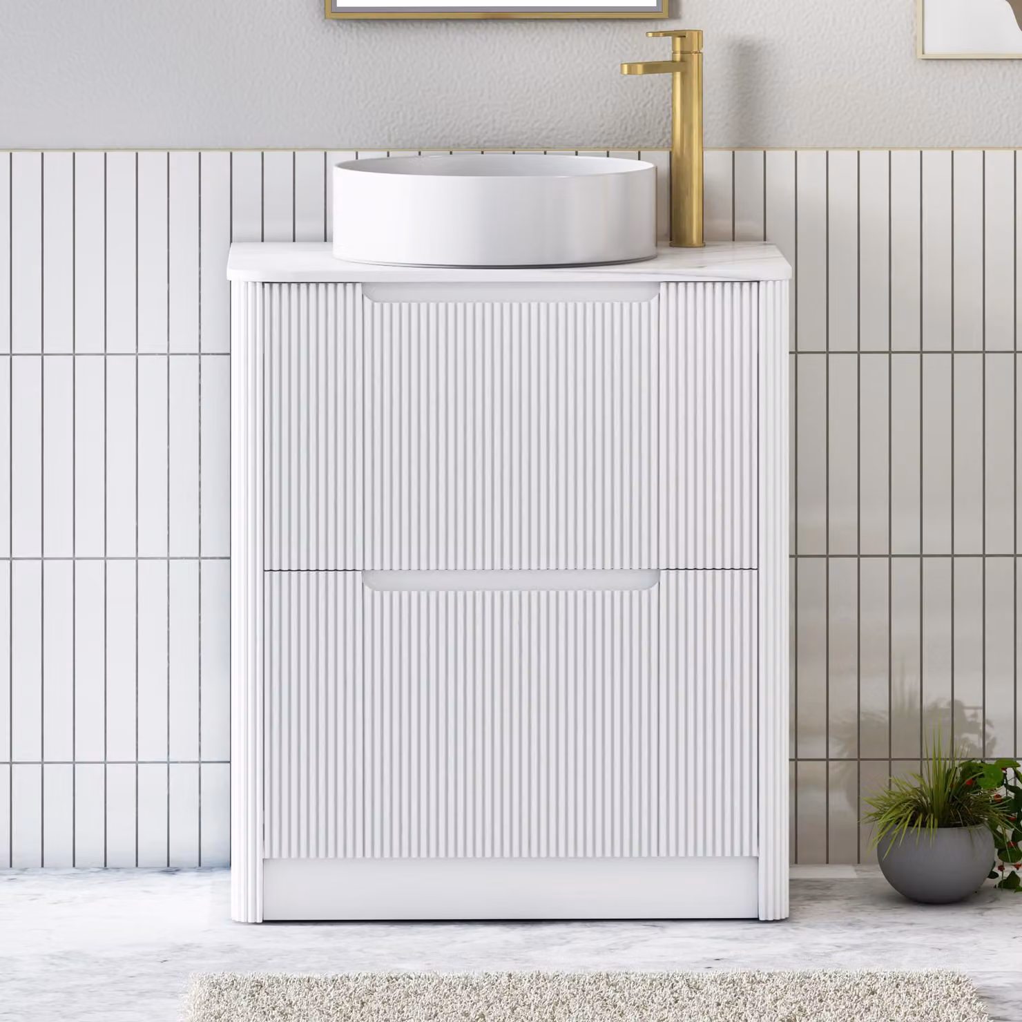 Royal Bathrooms Avenza Matt White 2 Drawer Floor Standing Vanity Unit with Carrara White Undrilled Worktop