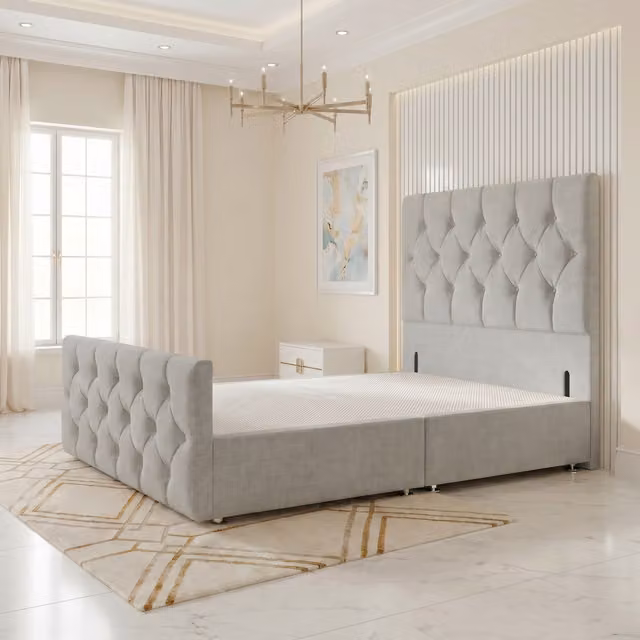 Somnior Beds Ltd Chesterfield Linen Divan Bed Base with Floor Standing Headboard and Footboard in Sage Superking 200 x 200 cm