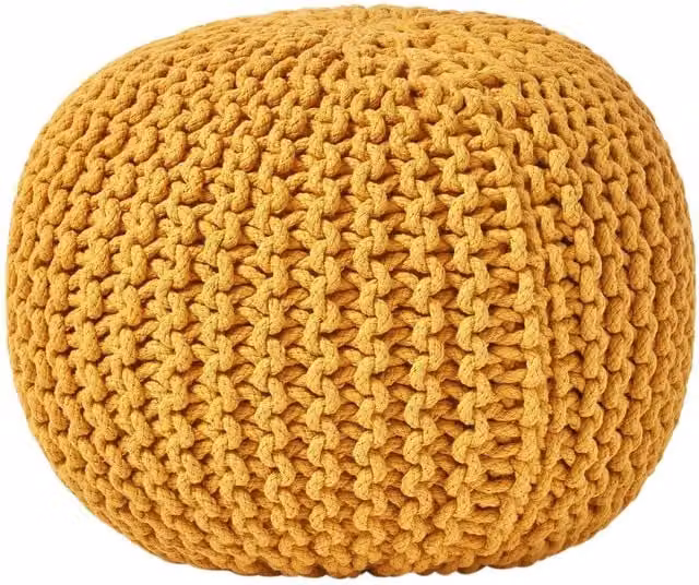 Homescapes Round Cotton Knitted Pouffe in Yellow, Diameter: 40 cm