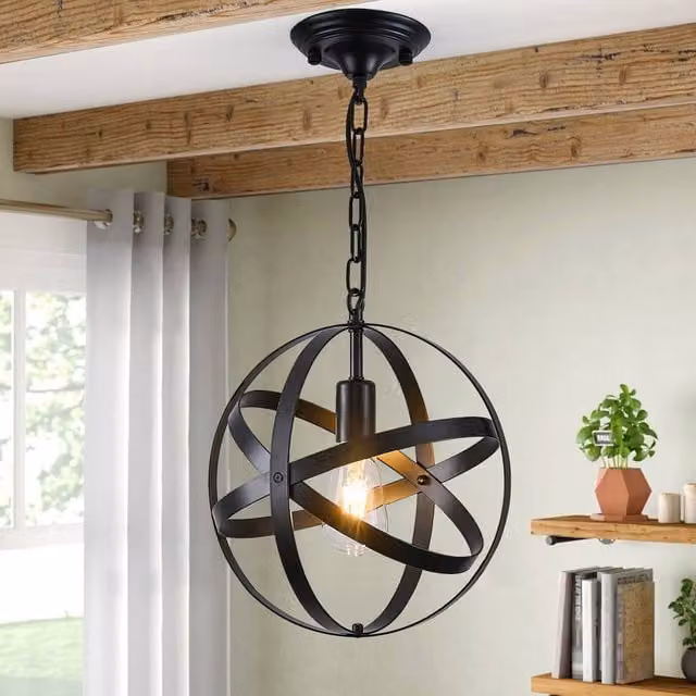 NIVOR Industrial Globe Pendant Light, Black Metal with Transparent Glass Sphere, E27 Socket – 1