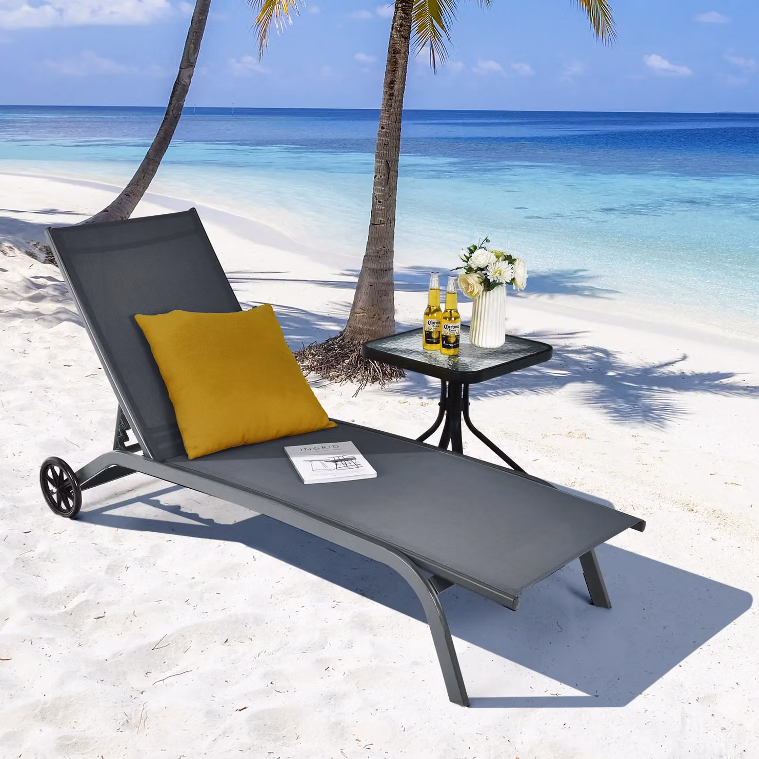 Costway Grey Textilene Sun Lounger with 6-Level Adjustable Backrest and Castors – 3