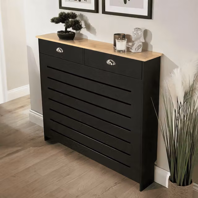 Home Source Batley Radiator Cover with Storage Drawers in Black and Oak Effect, W: 111.5 cm, H: 96 cm, D: 19 cm