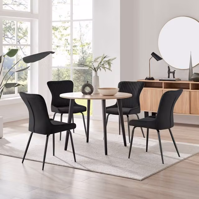 FurnitureboxUK Koko Oak Effect Round Dining Table and 4 Nora Black Leg Dining Chairs in Dark Grey