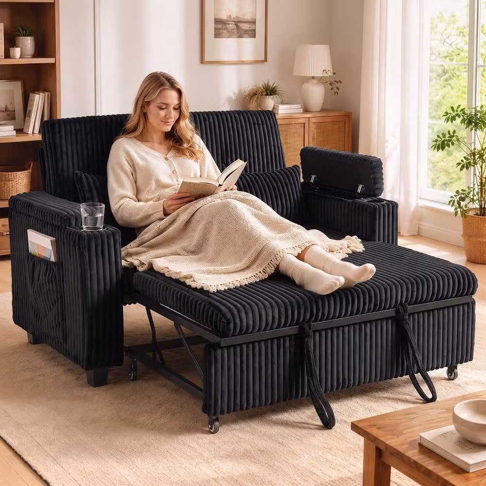 HOMCOM 2 Seater Corduroy Pull Out Sofa Bed in Black – 2
