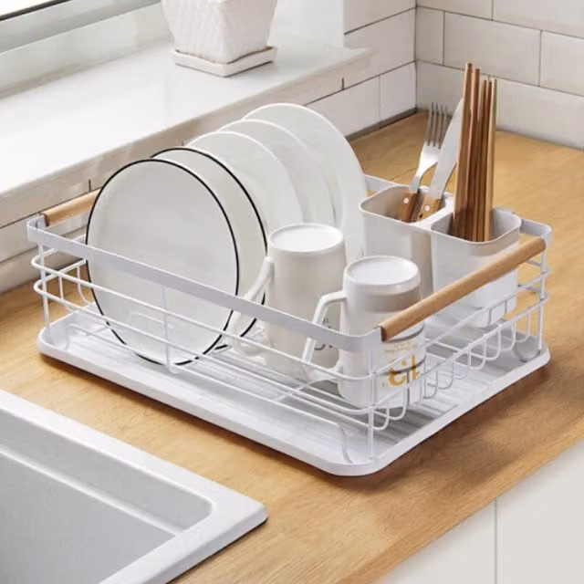 Livingandhome White Coated Steel Rectangular Kitchen Dish Drain Rack with Drip Tray