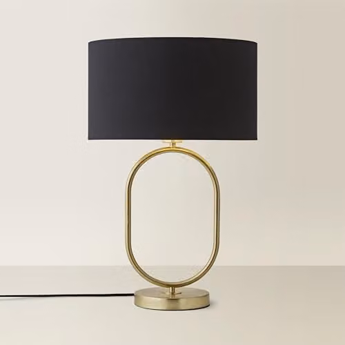 ValueLights Antonia Oval Table Lamp in Black with Gold Fabric Drum Shade