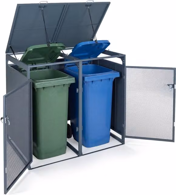 COSTWAY Grey Metal Outdoor Bin Store and Tall Storage Cabinet with Lockable Double Hinged Doors