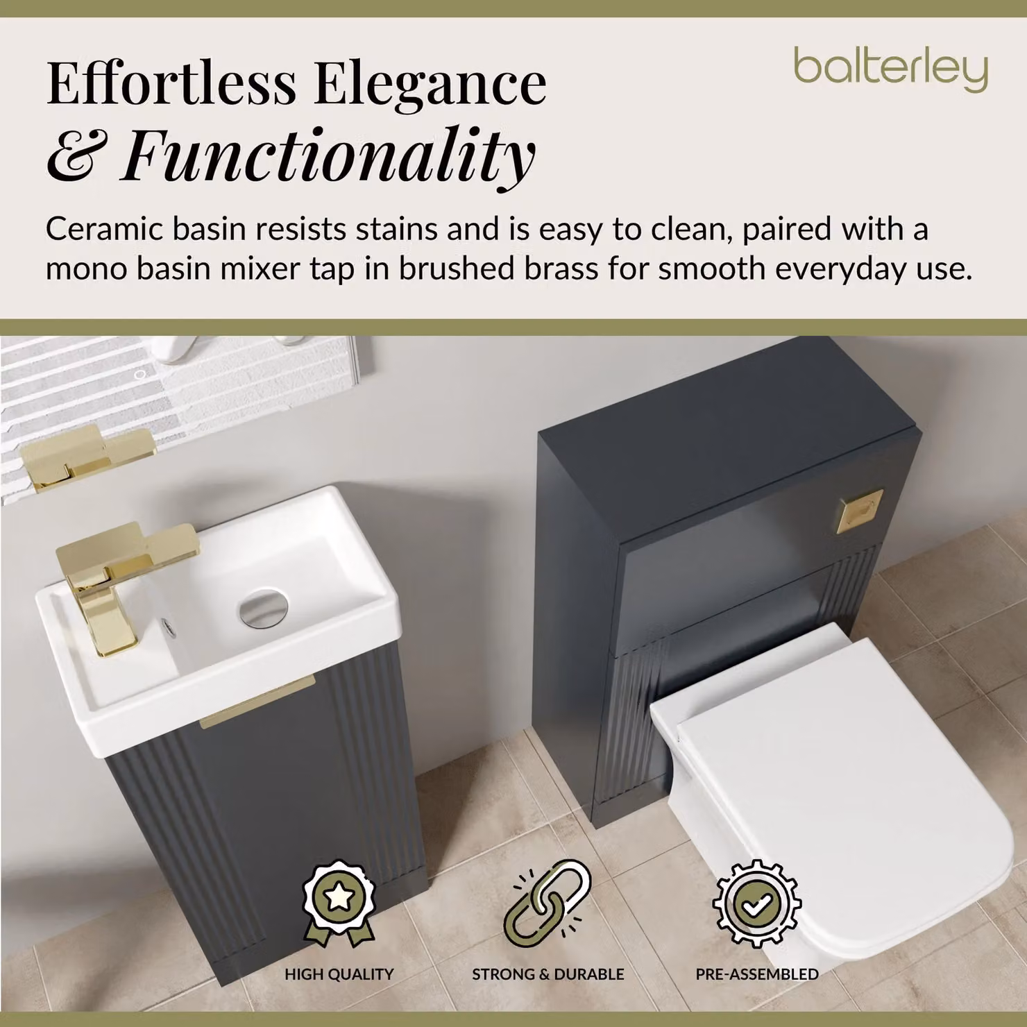 Balterley Modern Wall Mounted Cloakroom Suite with Vanity Unit, Tap and Toilet in Matt Dark Grey and Brass – 3