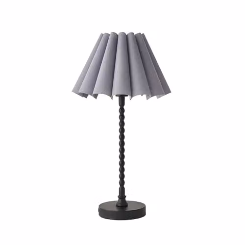 ValueLights Maeve Black Bobbin Bobble Table Lamp with Grey Scallop Pleated Fabric Shade and LED Bulb – 1