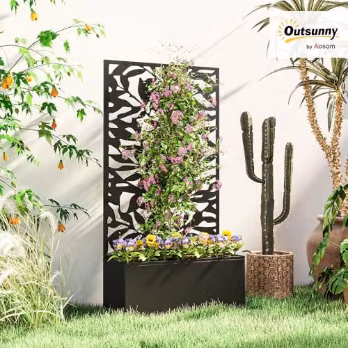 Outsunny Metal Garden Raised Bed with Trellis and Privacy Panel in Black – 2