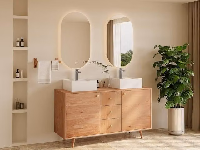 Vente-unique Solid Oak Bathroom Vanity Unit with Square Countertop Basin in Light Oak – 1