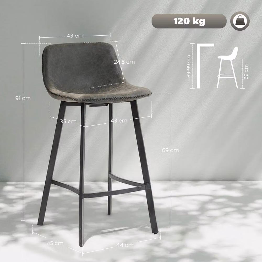 STILVORA Set of 2 Modern Grey Faux Leather Bar Stools with Metal Frame – 3