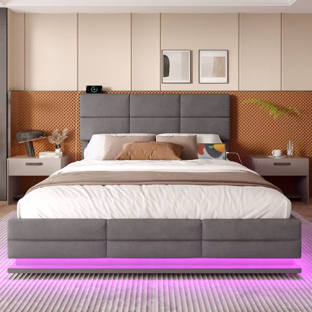 STILVORA King Size Upholstered Bed Frame in Grey with Under-Bed LED Lighting, USB Charging Ports and Lift-Up Storage Base, W/D/H: 180 x 200 cm – 4