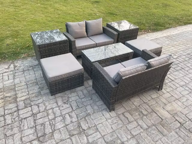 Fimous High Back Rattan Garden Furniture Set in Dark Grey with 3 Seater Sofa, 2 Seater Sofa, Coffee Table, 2 Side Tables and 2 Ottomans