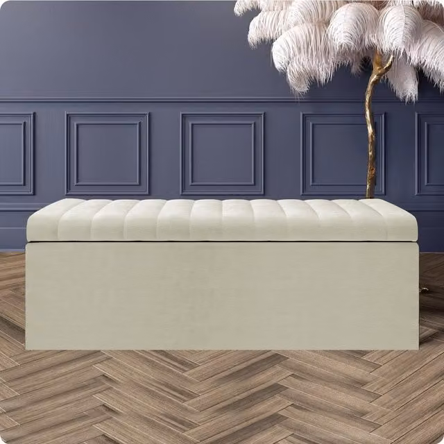Safar Naples Ottoman Storage Box, Silver Striped Cream Upholstered Blanket Chest and End of Bed Bench