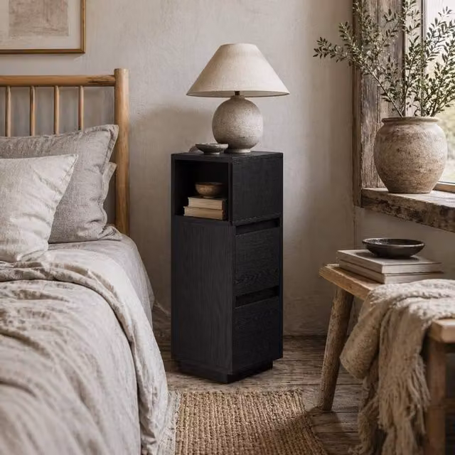 Wyld Haus Susema Black Slim Bedside Table with 2 Drawers and Open Shelf