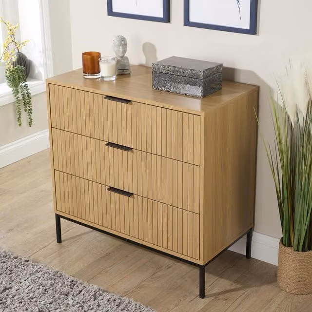 Home Source Wisbech Ribbed Front 3 Drawer Chest Storage Unit in Brown and Black