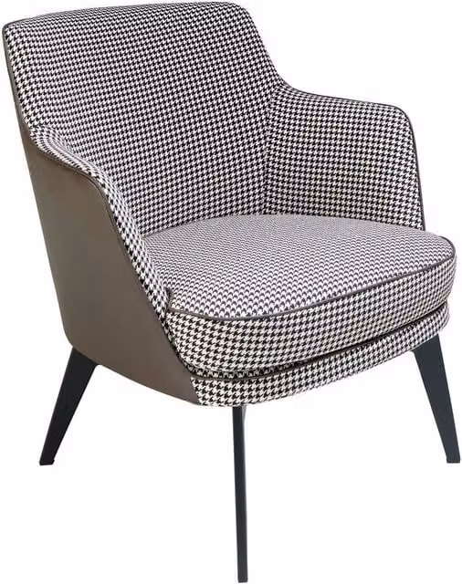 Angel Cerda Modern Tub Armchair in Black, White and Brown Houndstooth Fabric and Synthetic Leather with Metal Frame
