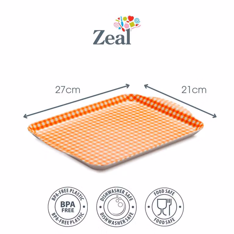 Zeal Melamine Gingham Rectangular Serving Tray with Handles, Orange, W: 27 cm, D: 21 cm